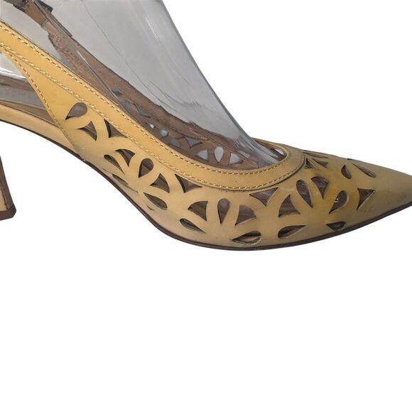 Kate Spade Heels Sandals Women 7B Jacey Shoes Nude Brown Patent Laser Slingback - Picture 10 of 16